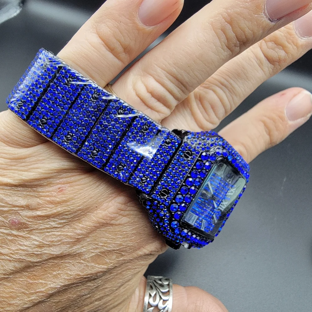NWT Cobalt Blue Square Mens Watch Iced Pavé 41mm Roman Numeral Date Illuminated